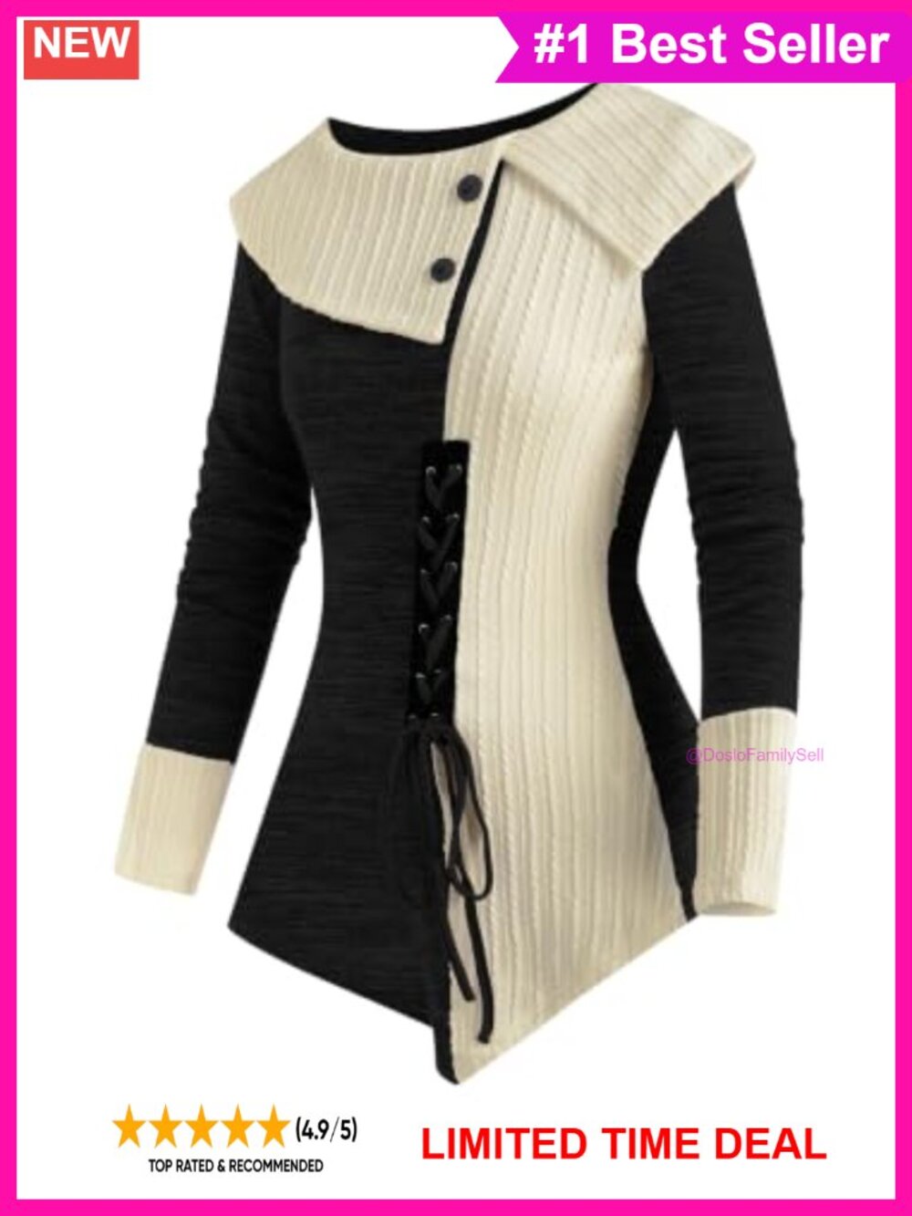 Women's Long Sleeve Tunic Sweater Color Block Asymmetrical Hem Lace-Up Top